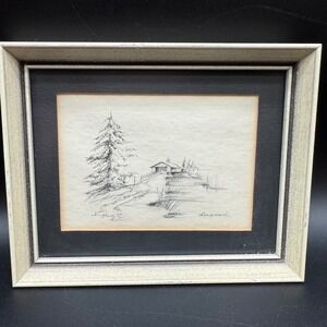 Vintage Framed Print‎ "Homeward" by Inge Pencil Sketch Style Country Cabin Scene